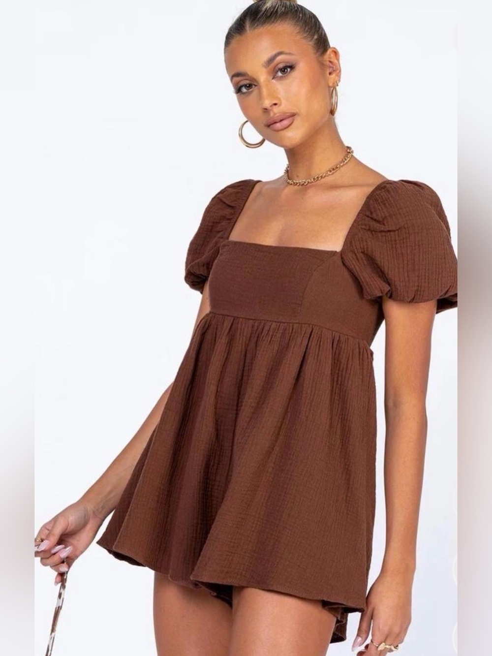 Princess Polly Chocolate Brown Puff Sleeve Square Neck Mini romper size 8 EUC